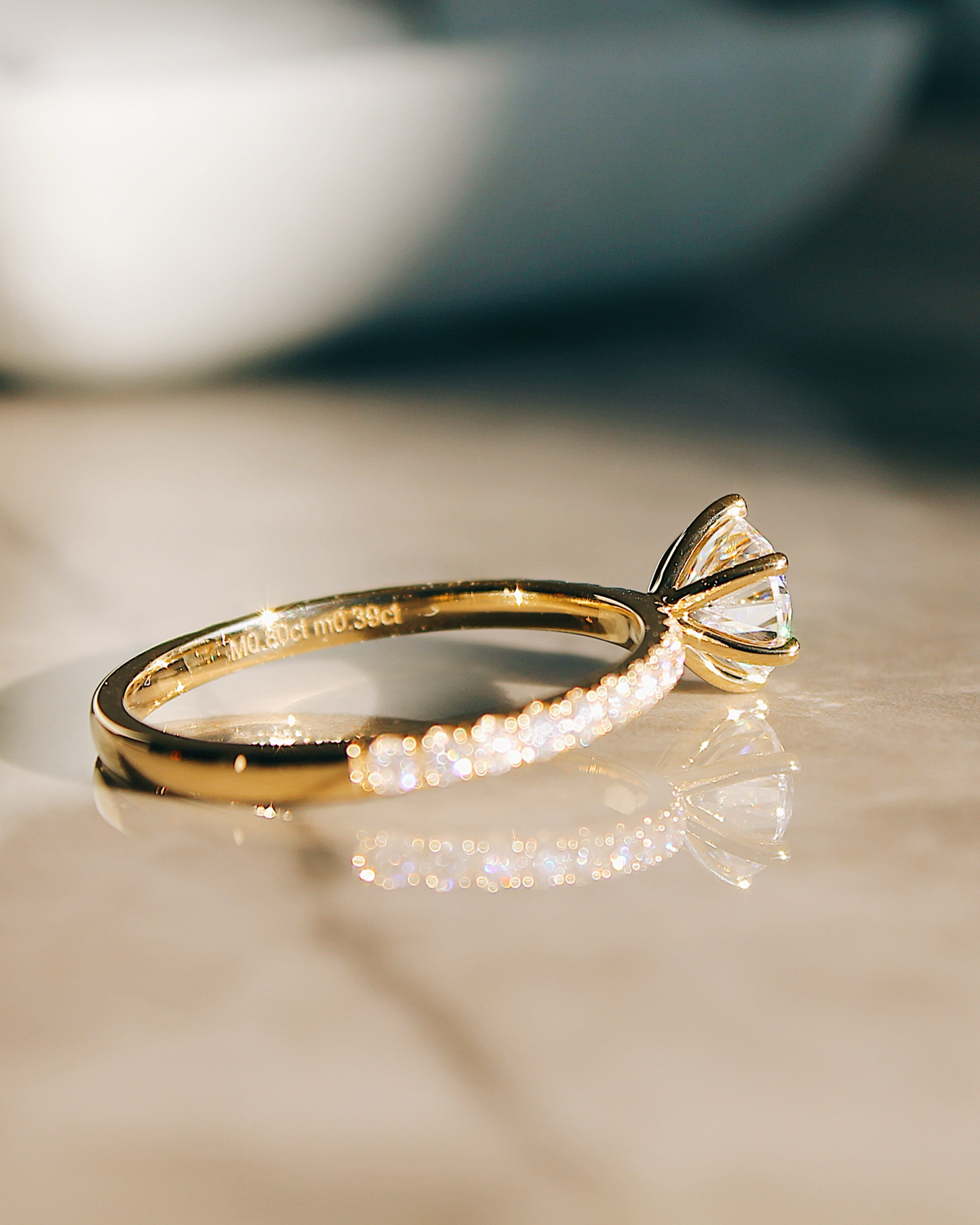 Delia - 18K Gold Verlobungsring mit Round Brillinat Cut und pavébesetzter RIngschiene, Details