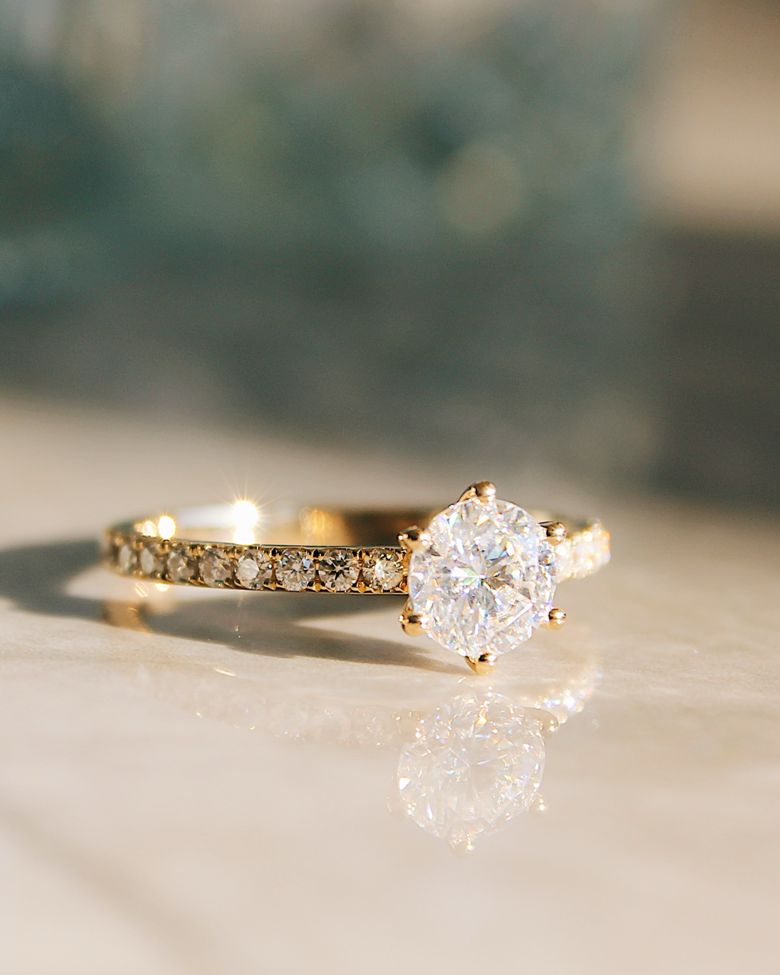 Delia - 18K Gold Verlobungsring mit Round Brillinat Cut und pavébesetzter RIngschiene, Frontsicht