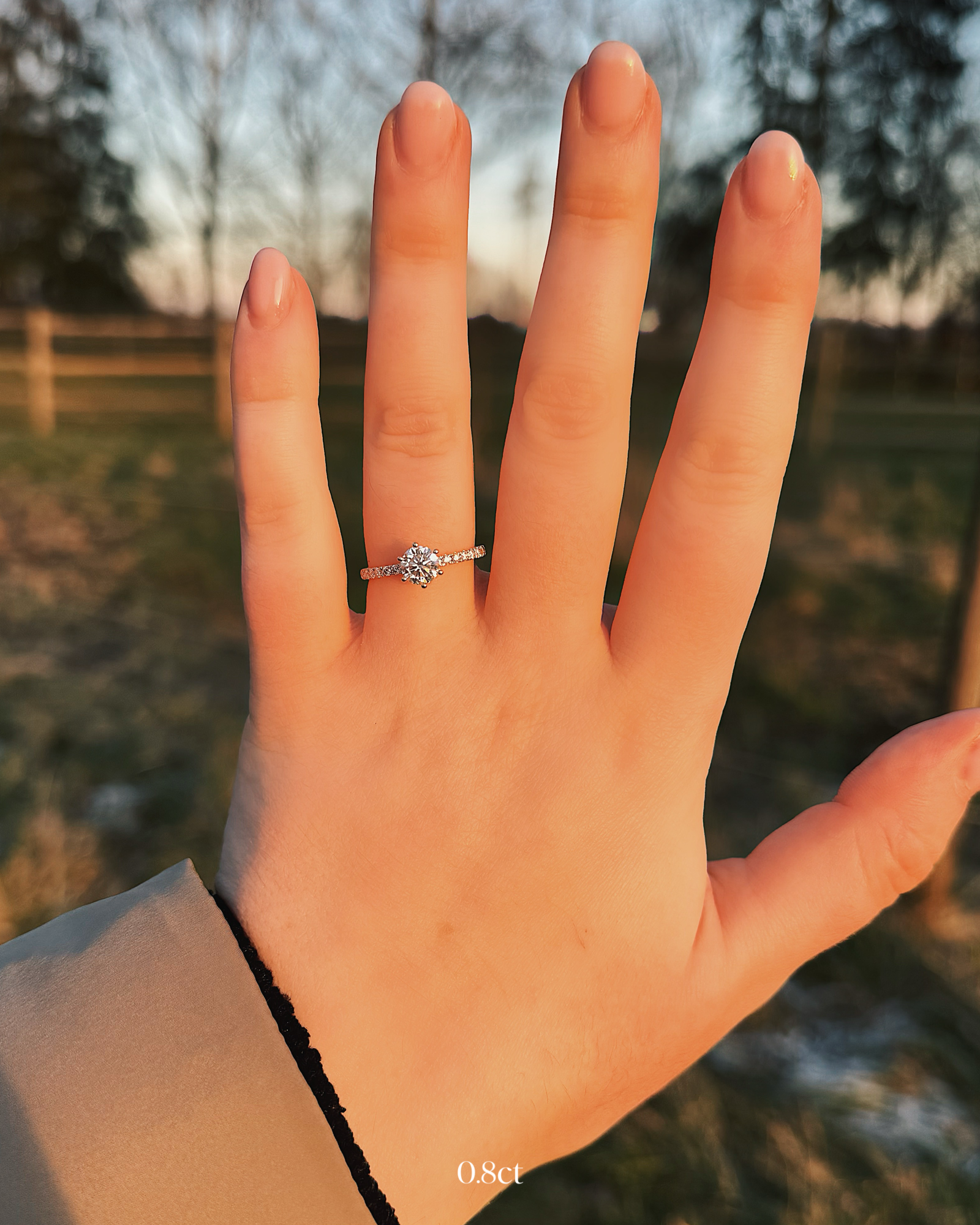 Delia - 18K Gold Verlobungsring mit Round Brillinat Cut und pavébesetzter RIngschiene, getragen an der Hand