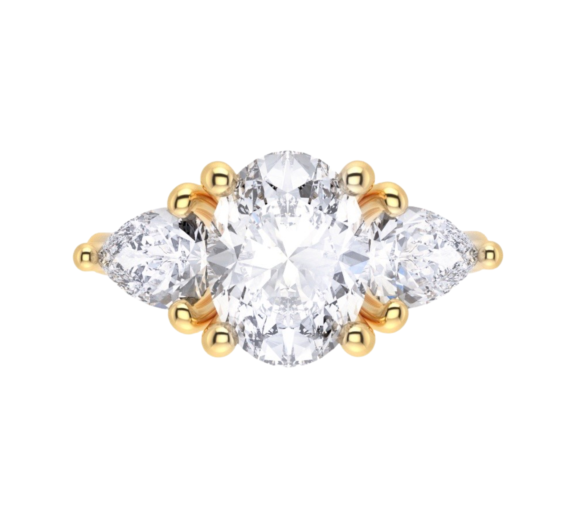 Nola - 18K Gold Trilogy Ring mit Oval Cut Mittelstein und zwei pear Cut Seitensteinen, Frontansicht